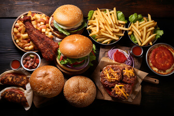 Fast food on wooden background. Burger, french fries, chicken nuggets and vegetables