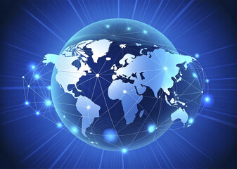Global network connection concept with world map on blue background. Vector illustration.