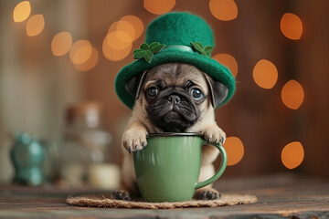 Adorable pug puppy cozily nestled inside a mug, wearing a charming leprechaun hat. A delightful and festive scene capturing the essence of cuteness and St. Patrick's Day spirit.
