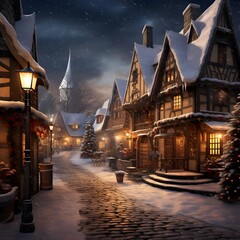 Fototapeta na wymiar Winter street with christmas trees and houses at night, 3d illustration