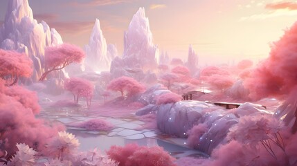 3D render of a fantasy landscape with a lake and a pink sky