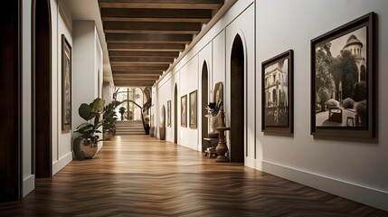 3d rendering of an art gallery interior with paintings on the wall