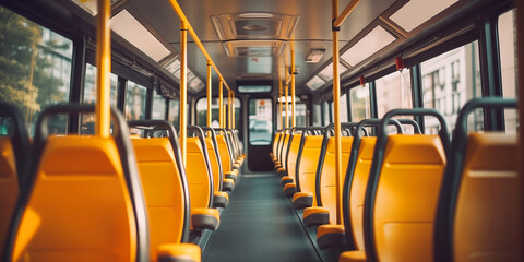 Interior of city bus with yellow seats. Empty tram awaits passengers to board. Municipal bus inside - obrazy, fototapety, plakaty