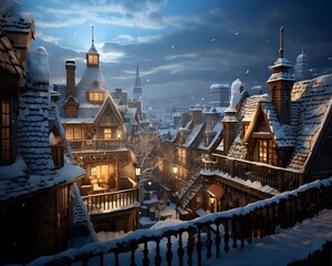 Snowy city at night. Christmas and New Year concept. Winter landscape.