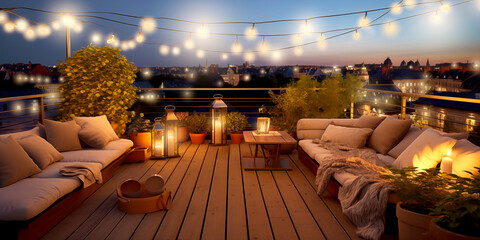 Large balcony of house with sofas and views of evening city. Plants and glowing garlands. Evening terrace with beautiful cityscape - obrazy, fototapety, plakaty