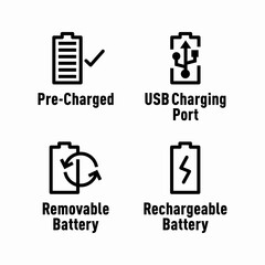 Pre-Charged,  USB Charging Port, Removable Battery, Rechargeable Battery information signs