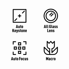 Auto Keystone, All Glass Lens, Auto Focus, Macro vector information signs