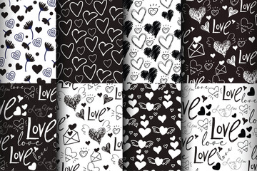 Black and White Valentine's seamless pattern set	
