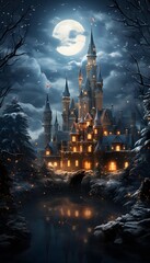 Fairy tale castle in the winter forest at night with full moon