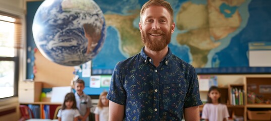 Enthusiastic teacher actively engaging with elementary students in vibrant classroom