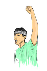 a male activist is voicing enthusiasm, while raising his hand against a white background