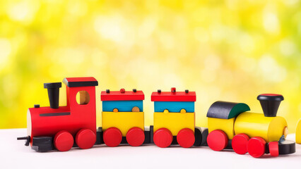 A children's wooden toy train with many carriages.