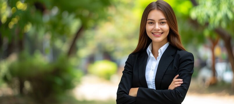 Beautiful Young Business Woman Portrait Outdoors With Blurred Business Center Background