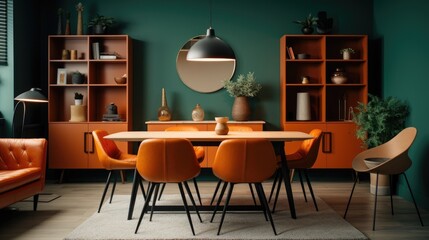 Orange leather chairs at round dining table against green wall. Scandinavian, mid - century home interior design of modern living room