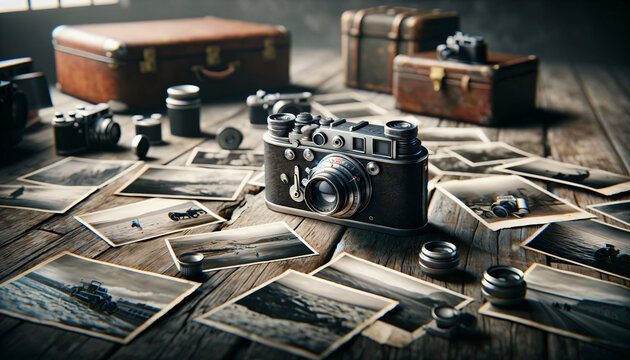 Hyper-realistic image of a vintage camera on an old wooden table with scattered black and white photographs, capturing nostalgia and the beauty of photography. Mood: historical, creative.Generative Ai