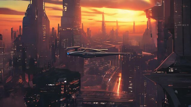 The skyline of a futuristic city with a spaceship flying by, illuminated by the setting sun, embodying advanced civilization and the theme of exploration.
