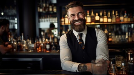 Smiling mixologist behind bar crafting unique drinks with flair