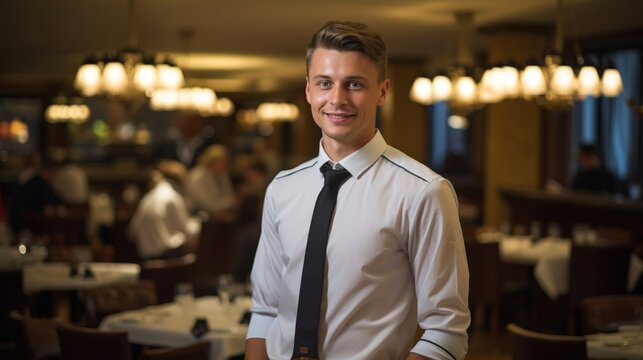 Happy manager in dining area dedicated to outstanding hospitality
