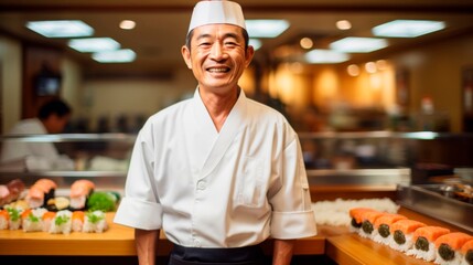 Skilled sushi chef crafting sushi roll smiling with culinary pride