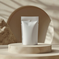 3d Pouch bag mockup on a stone podium, aesthetic, spa, spray bottle, 3d, matte pouch bag, packaging mockup