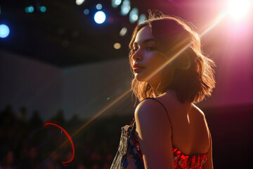 A spotlighted young woman steals the show at a fashion event, embodying beauty