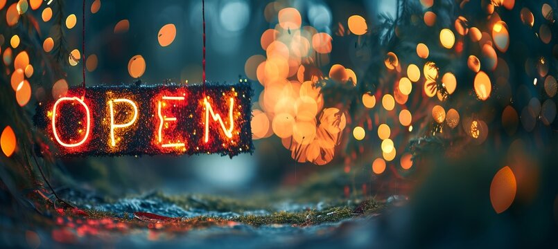 Interactive holographic open sign shining in the air for business and technology concepts