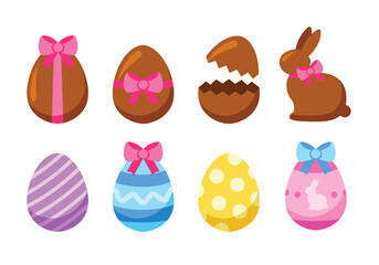 Easter eggs, Bunny chocolate. Sweet and colorful with decoration patterns isolated on pastel pink background. Cute cartoon vector illustration EPS.