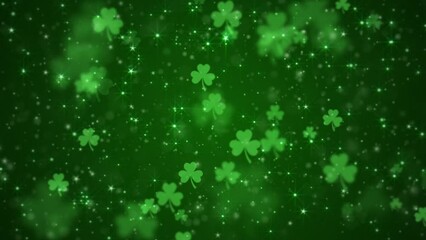 Lucky shamrocks, shiny stars and glowing glittering particles on a dark green gradient background. This Saint Patrick's Day celebration party background animation is full HD and a seamless loop.