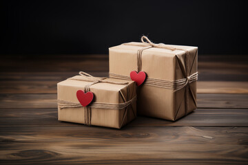 Two gifts in a paper package with a red heart.