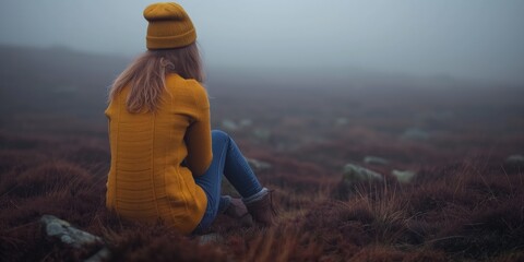 Woman in Yellow Sweater Sitting on Hill