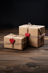 Two gifts in a paper package with a red heart. Copy space.