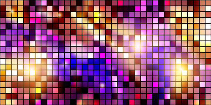 Disco ball sparkiling pattern with mirror paillette texture. Night club background with purple and gold carnaval mosaic. Luxury party bg. Vector illustration. Vintage abstract wallpaper.
