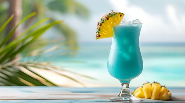 Fototapeta Refreshing blue hawaiian cocktail on tropical beach background with copy space for text placement