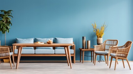 Fototapeta premium Rattan sofa and chairs near wooden dining table against blue wall with frame