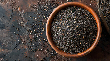 Overhead view of bowl of poppy seeds