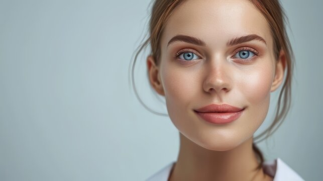 Generative AI image of a beautiful woman model with excellent skin for skincare ad