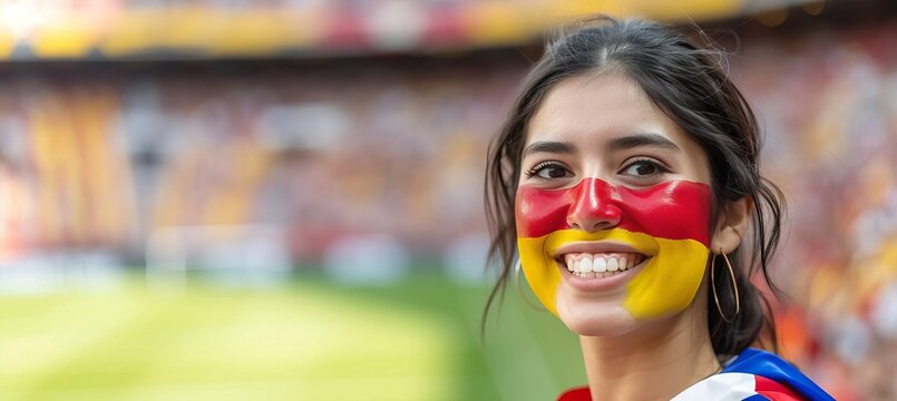Energetic spanish female football fan with painted face cheering at stadium, copy space for text
