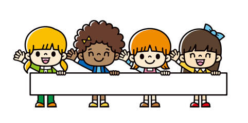Illustration of multinational girls waving with boards