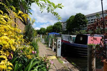 London - 29 05 2022: Lisson Grove marina with moored houseboats.