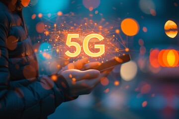 Futuristic interactive holographic 5g text icon shining over mobile phone creating a digital display