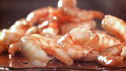 The shrimp falls on a wooden cutting board. Filmed on a high-speed camera at 1000 fps. High quality FullHD footage - Powered by Adobe