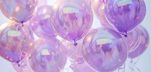 Iridescent lavender balloons, pearl-white ribbon, dreamy birthday vibes