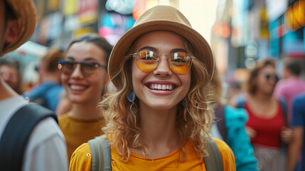 Joyful Tourist Exploring City Life, young woman with a hat and orange sunglasses smiles broadly, encapsulating the joy of urban exploration amid a bustling crowd - obrazy, fototapety, plakaty