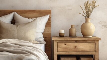 Rustic bedside cabinet near bed with beige pillows. Farmhouse interior design of modern bedroom