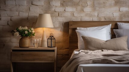 Rustic bedside cabinet near bed with beige pillows. Farmhouse interior design of modern bedroom