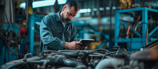 Mechanic using a tablet computer while working fixing a car in the garage.