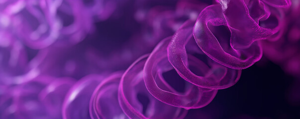 Ethereal purple ribbons twist and float with a delicate fibrous texture against a gradient violet background