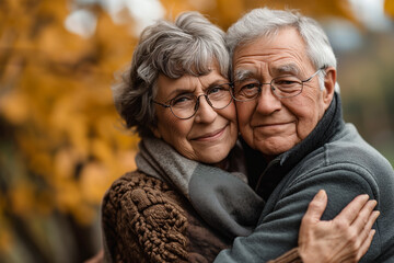 Portrait of an elderly couple hugging on the street