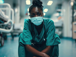 Fototapeta na wymiar Hospital Intensive Care Coronavirus Ward: Portrait of Sad, Tired Black Nurse Taken off Face Mask Sitting on a Floor, Sorry for All the Patients Lost to Pandemic. Brave Hero Paramedics Save Lives.