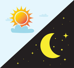 Sun and moon stars on sky. day and night icon set. Vector illustration. - obrazy, fototapety, plakaty